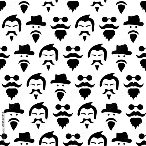 Beard and mustache seamless pattern with hipster man faces in hats and sunglasses. Male grooming, barber shop fashion, masculine character, and gentleman style background.