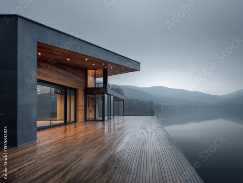 Modern cabin overlooks misty lake. Dark concrete and wood contrast with glass. Deck extends into still water. Distant mountains fade in gray haze. Warm interior lights glow softly