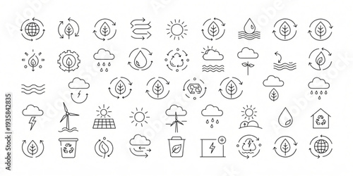 Collection of weather and climate change icons representing various environmental elements and phenomena