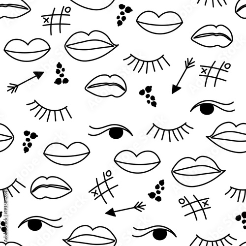 Makeup doodle pattern seamless with lips, eyes, arrows and tic tac toe symbols arranged in monochrome layout isolated on white background.