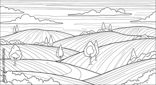 Black and white illustration of rolling hills isolated on transparent background