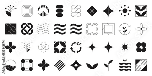Collection of diverse abstract geometric shapes and symbols in black and white, presented in a grid layout, showcasing various designs and patterns