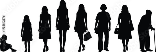 Silhouette of woman life stages from childhood to old age, female evolution and aging process concept illustration
