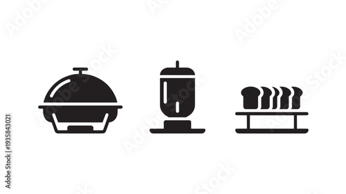 Black Icons Of A Covered Dish, Blender, And Bread On A Rack For Food And Kitchen Concepts
