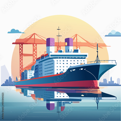 Vector art of an enormous cargo ferry docking at port, cranes and containers in background