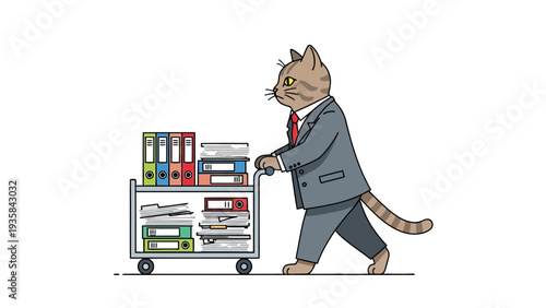 Cartoon cat in a suit pushes a utility cart loaded with files and binders