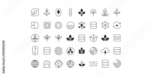 Collection of simple icons representing various natural elements and abstract concepts displayed on a clean white background from a straightforward viewpoint