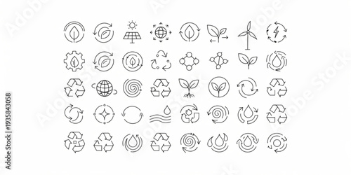 Collection of various line icons representing different concepts and objects displayed on a clean white background from a straightforward viewpoint