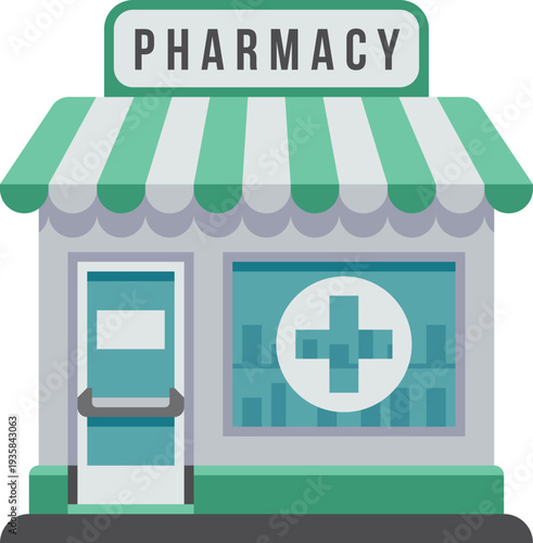 Pharmacy front view. Drugstore facade cartoon icon