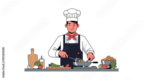 Cartoon chef in uniform cooking vegetables in a pan on a stovetop
