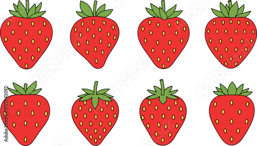 Strawberry Icon Collection with Multiple Cartoon Strawberry Variations for Fresh Fruit Design, Healthy Food Illustration, Summer Dessert Graphics and Organic Produce Branding