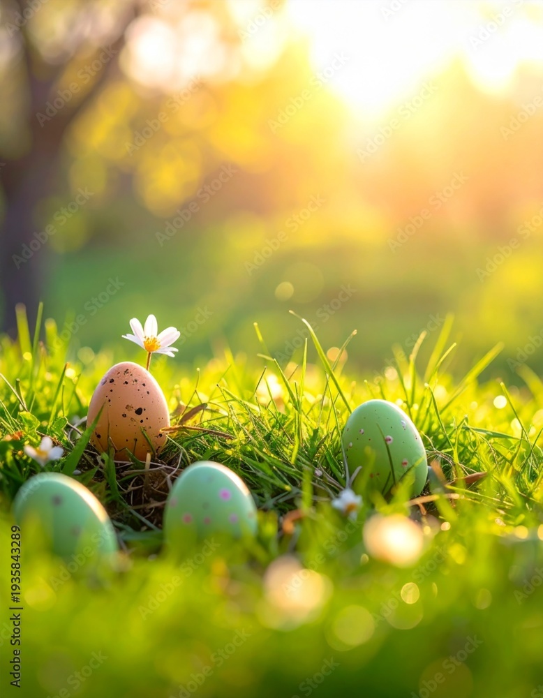 Obraz premium Easter Eggs in Grassy Field Bathed in Warm Sunlight