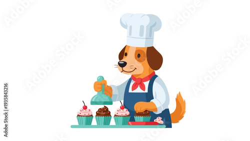 Cartoon dog chef decorating cupcakes with a light blue frosting tool