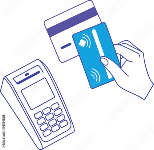 Vector illustration of a hand holding a contactless payment card near a card reader and a credit card