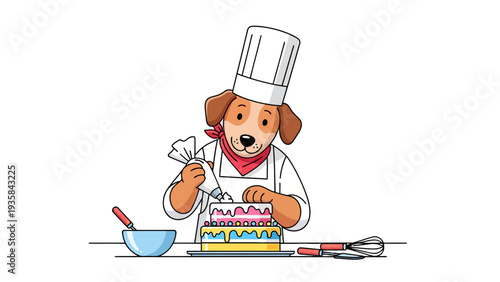 Cartoon dog baker decorates a twotiered colorful cake with frosting