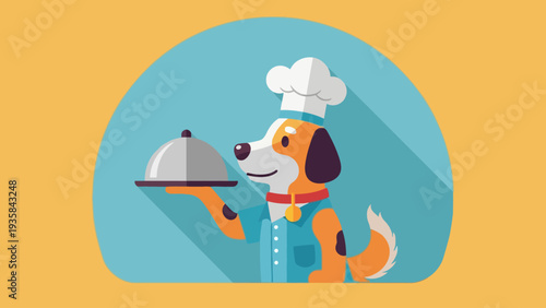 Cartoon dog chef in uniform holding a covered serving platter