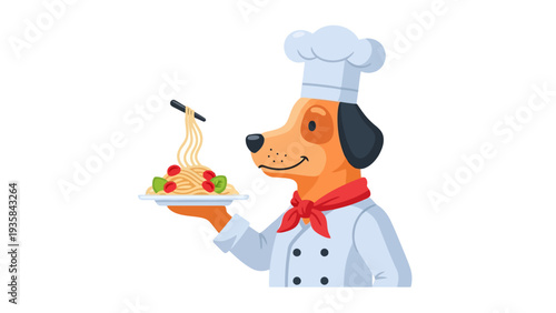 Cartoon dog chef in white uniform holds plate of spaghetti being lifted by chopsticks