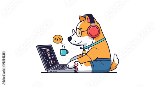 Cartoon dog coder wearing headphones and glasses working on a laptop