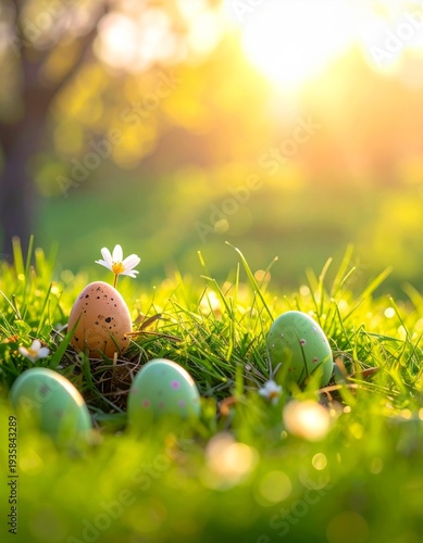 Easter Eggs in Grassy Field Bathed in Warm Sunlight