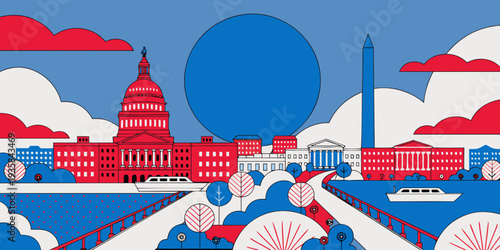 USA, US, U.S, United States - Patriotic Washington DC Skyline in Red, White & Blue Sunset – Ultra‑Wide Flat Vector Illustration | USA Capital Landmark Art