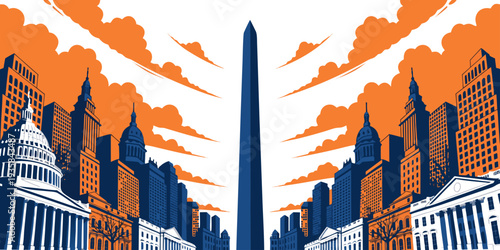 USA, US, U.S, United States - Minimal Washington DC Monument Silhouette – Ultra‑Wide Panoramic Line Art Vector Design | USA Capital Outline Illustration