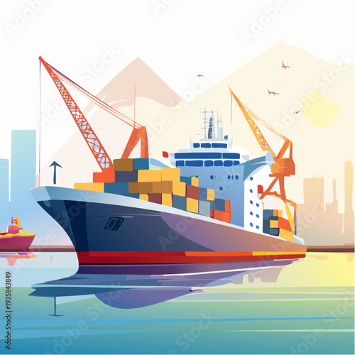 Vector art of an enormous cargo ferry docking at port, cranes and containers in background