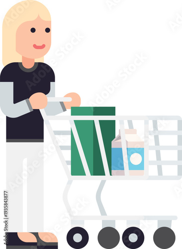 Woman push shopping cart with grocery purchase icon