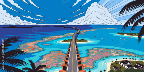 USA, US, U.S, United States - Florida Keys Bridge Over Turquoise Water – Aerial Panorama Ultra‑Wide Clean Flat Vector Illustration | USA Coastal Tropical Art