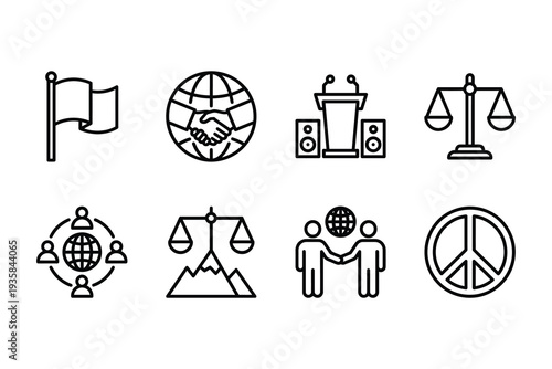 Peace and Global Unity Icons: Diplomacy, cooperation, international relations, and justice.