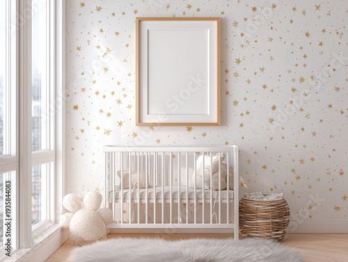 Cute nursery room with white crib. Golden star decals decorate the walls. Wooden frame hangs above the crib. Soft rug lies on the wooden floor. Window lets in natural daylight