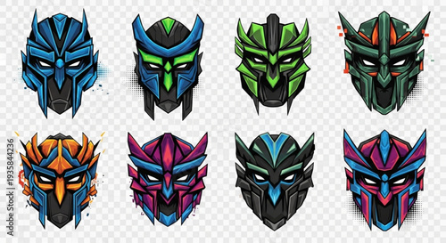 Collection of Futuristic Robot Masks with Intense Eyes.