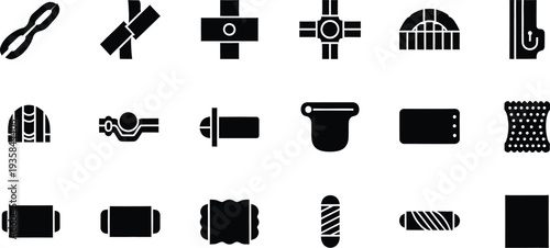 Collection of black and white industrial hardware and building component icons on a white background.