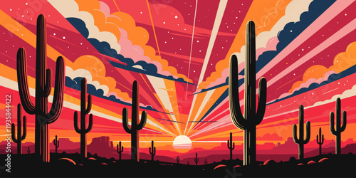 USA, US, U.S, United States - Arizona desert sunset with saguaro cactus silhouettes, dramatic red-orange sky ultra-wide panoramic flat vector
