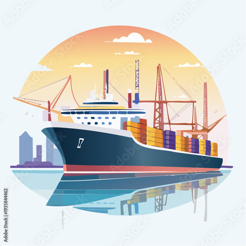Vector art of an enormous cargo ferry docking at port, cranes and containers in background