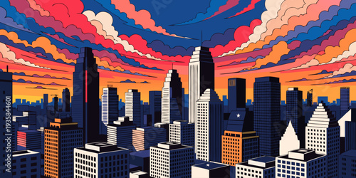 USA, US, U.S, United States - Modern flat Texas skyline with lone star symbol and bold sunset gradient, ultra-wide vector
