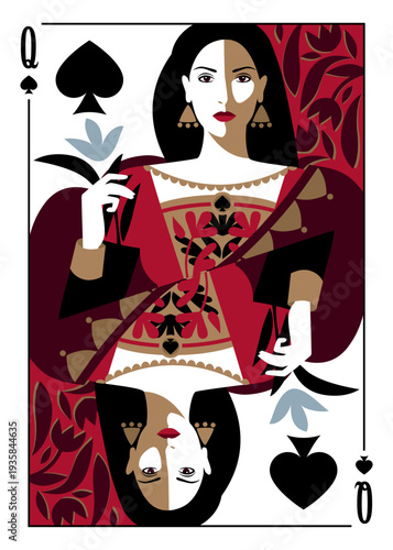 A Queen of Spades poker playing card (63,5x88,9 mm) in a modern minimalist flat design with the character's portrait facing up. Vector illustration