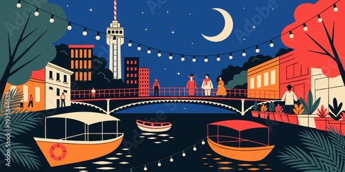 USA, US, U.S, United States - San Antonio River Walk evening lights glowing, romantic ultra-wide flat vector illustration
