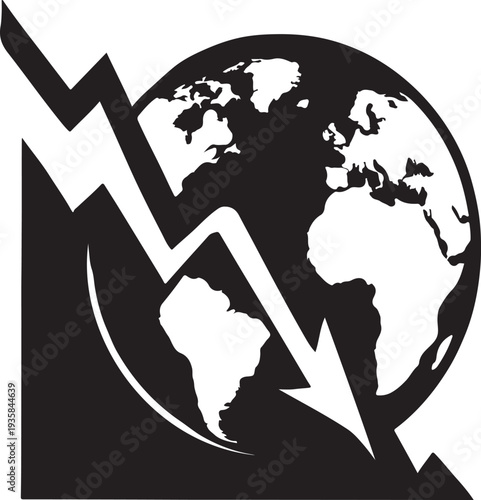 Falling stock market graph silhouette merging with globe