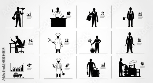 Collection of diverse professional occupation icons silhouettes.