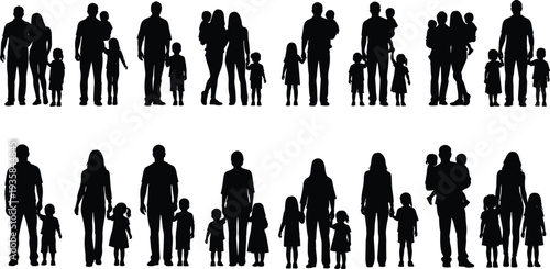 Parents and children silhouette set, family standing together collection, mother father kids vector illustration isolated on background
