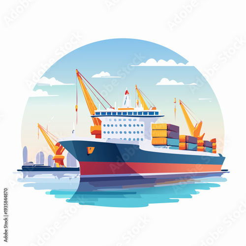 Vector art of an enormous cargo ferry docking at port, cranes and containers in background