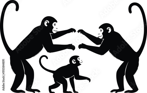 Monkey family silhouette illustration, parent monkeys with baby playing together, wildlife animal clipart, black primate silhouettes, jungle animal vector, nature themed design