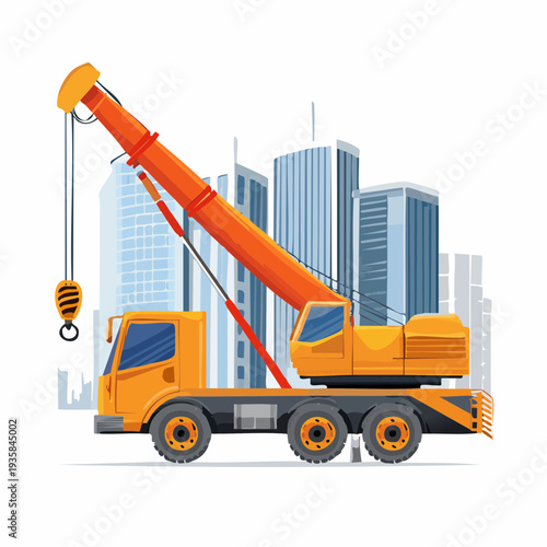 Vector illustration of a huge cement pumper truck with extended boom, construction skyscraper