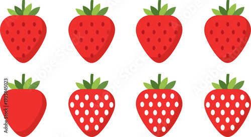 Strawberry Icon Set with Different Seed Styles Featuring Cute Red Strawberry Fruit Symbols for Fresh Food Design, Organic Produce and Summer Dessert Graphics