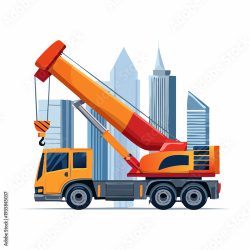 Vector illustration of a huge cement pumper truck with extended boom, construction skyscraper