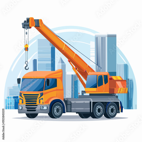Vector illustration of a huge cement pumper truck with extended boom, construction skyscraper