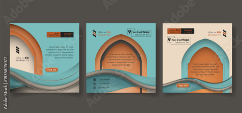 Social media post template for eid mubarak in green and orange with waving background design