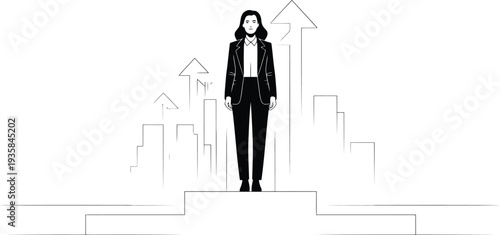 Female leader standing with business growth arrows

