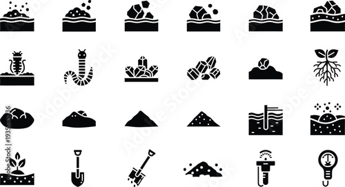 A collection of black and white icons representing soil, earth, gardening, and geology elements.