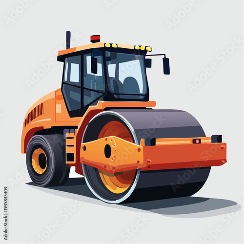 Vector of oversized road roller compacting asphalt, gritty construction backdrop, strong heavy 